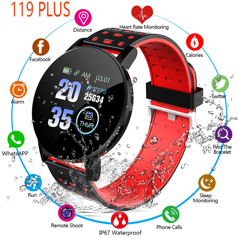 

Smart Watch Men Women Heart Rate Blood Pressure Monitoring Fitness Sport racker Bluetooth Play Music Call 119 PLUS PK D13 Y68 M6