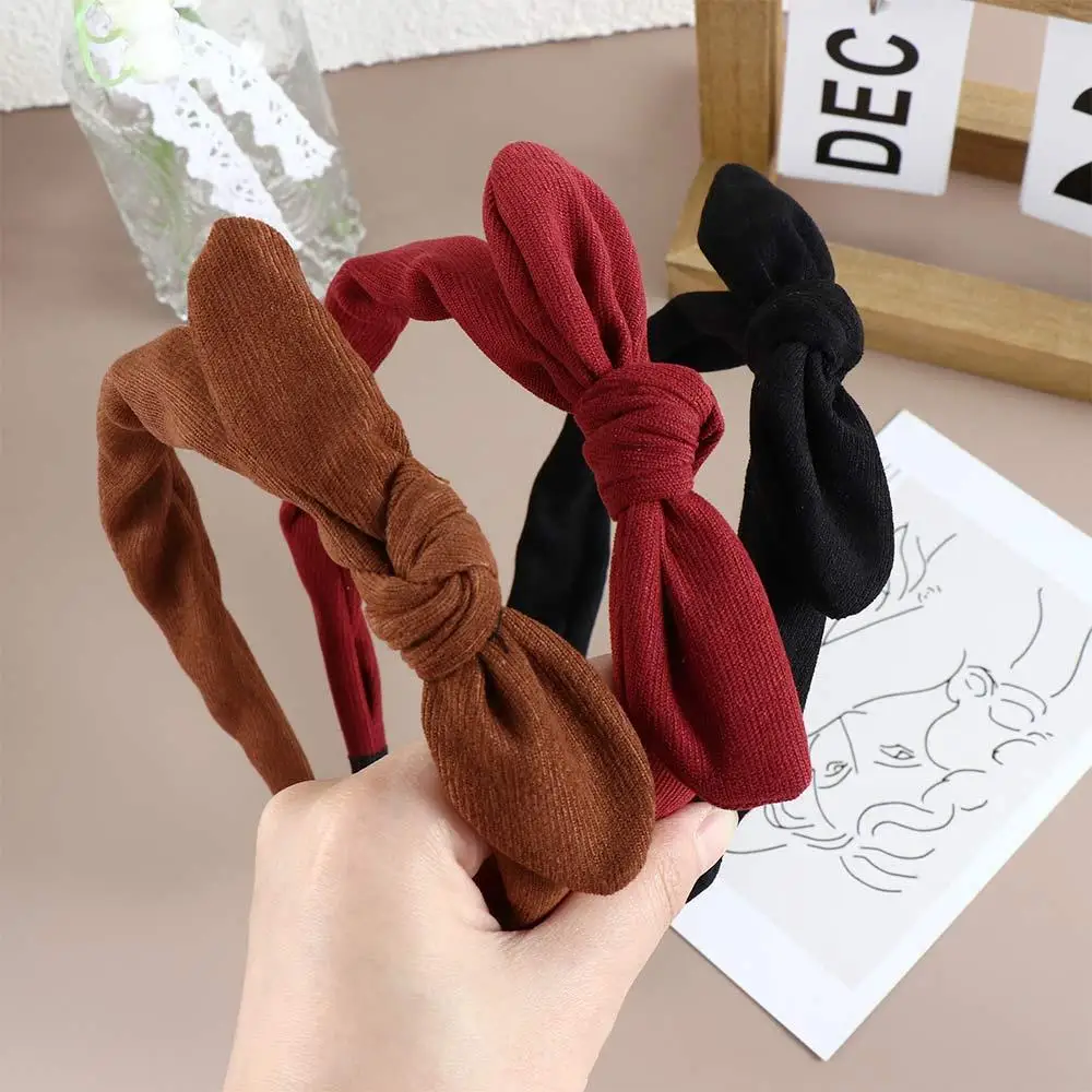 

2023 New Women Girls Bow Headband Hairbands Knotted Wine Red Black Brown Solid Bow Hair Hoop Hair Accessories Headdress