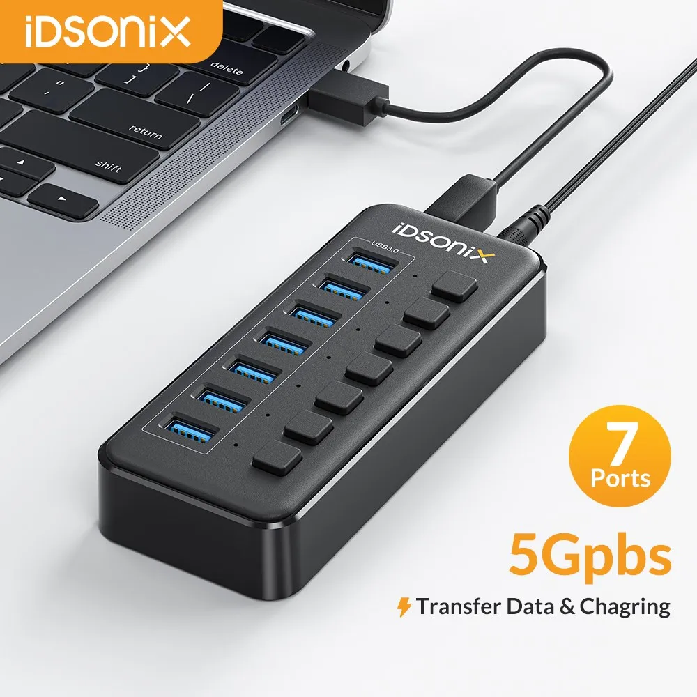 

Высокоскоростной USB-концентратор iDsonix с 7 портами, стандарта USB 3,0 с адаптером питания 12 В, 2 А, разветвитель с несколькими USB-портами, независимый переключатель, искусственное управление