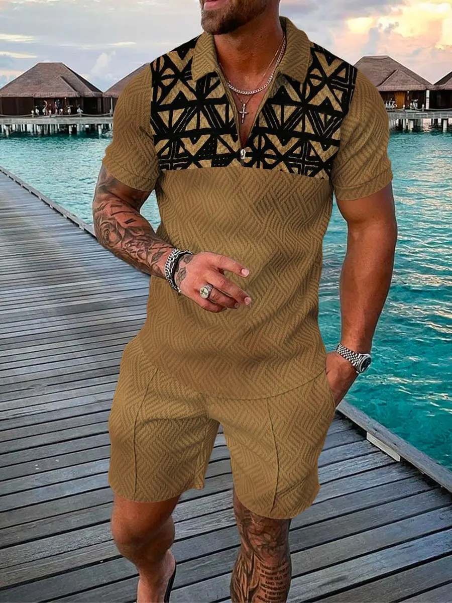 

2022 Foreign Trade Fashion Street Summer Men's Fashion Trend 3D Printing Polo Shirt Short Sleeve Suit Hawaii Beach 2 Piece Set