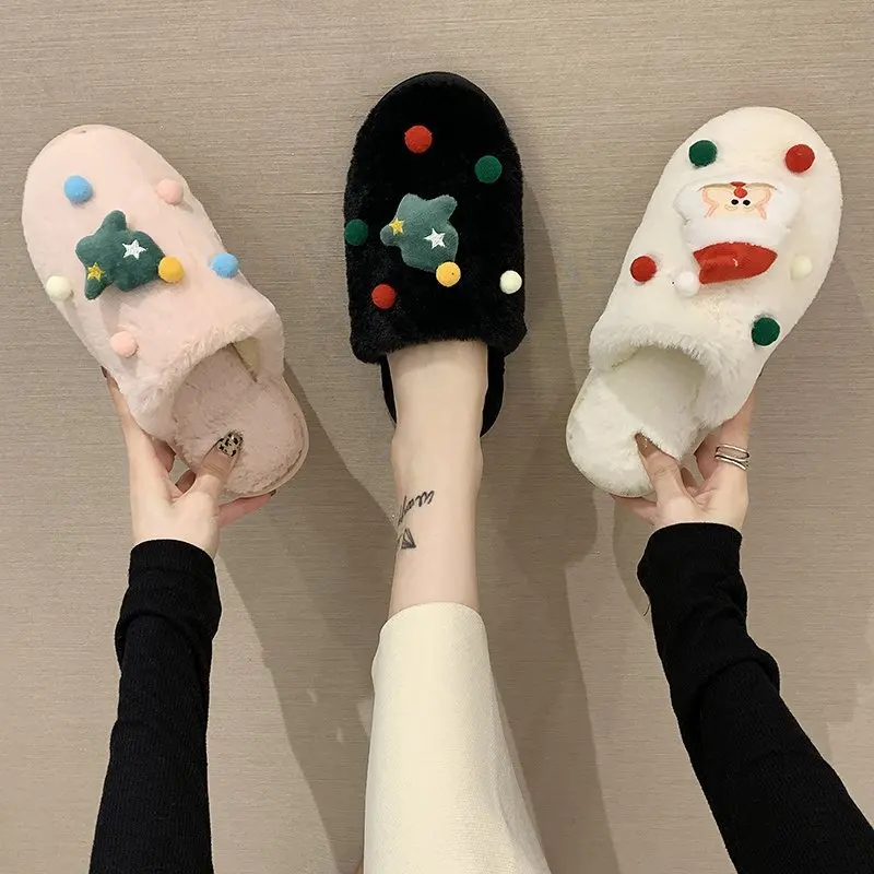 Fujeak New 2022 Christmas Slippers Women Men Indoor Warm Slipper Soft Plush Home Floor Non Slip Lovers Winter Platform Shoes