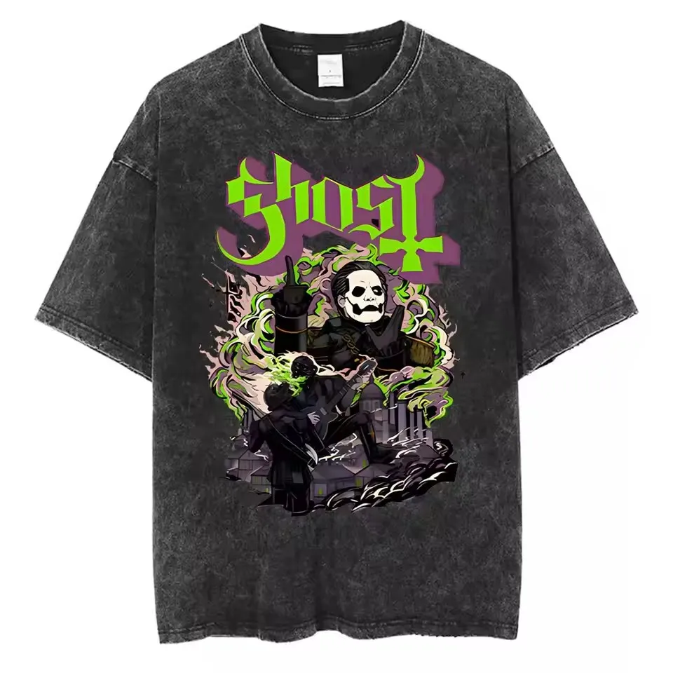 Фото Випраная винтажная футболка Ghost Band Мужская готическая рок-металлическая музыкальная футболка Высококачественный хлопок Мужская женская модная повседневная футболка №2