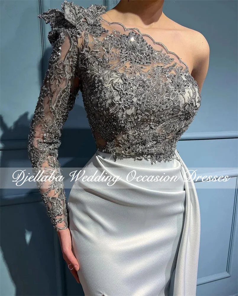 

Женское вечернее платье-русалка, серебристое платье с аппликацией на одно плечо и разрезом по бокам, бальное платье для выпускного вечера