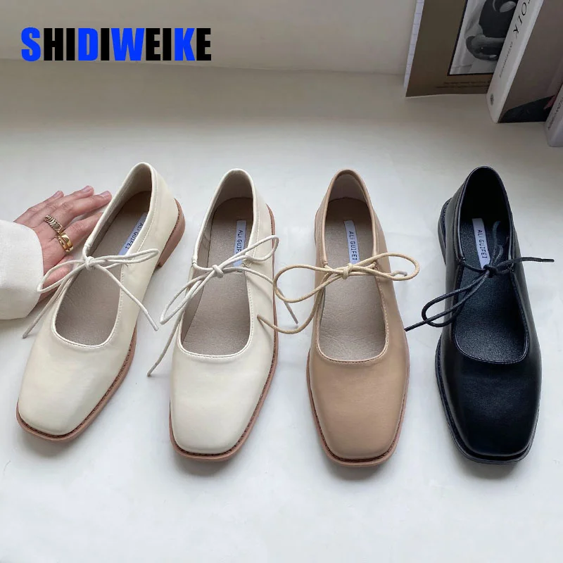 

New New Designer Women Loafers Single Leahter Shoes Fashion Lace Up Female Round Toe Shallow Flats Elegant Woman Footwear