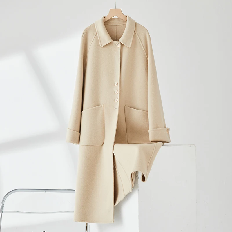 

2023 Korean Women Winter Long Soft Luxurious 100% Wool Jacket Female Woolen Overcoat Long Sleeve Single Breasted Outerwear A147