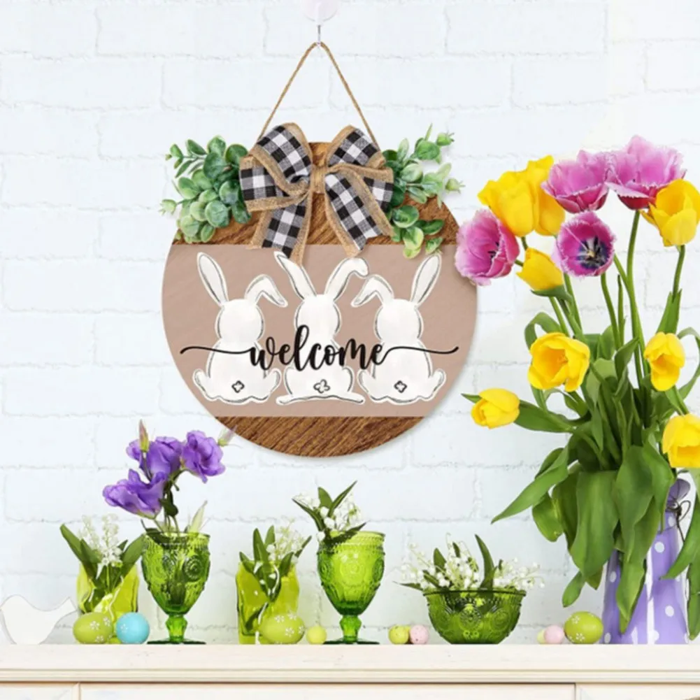 

Easter Wooden Hanging Sign Door Decoration Rustic Easter Bunny Rabbit Welcome Sign Thankgiving Home Decor for Party Housewarming