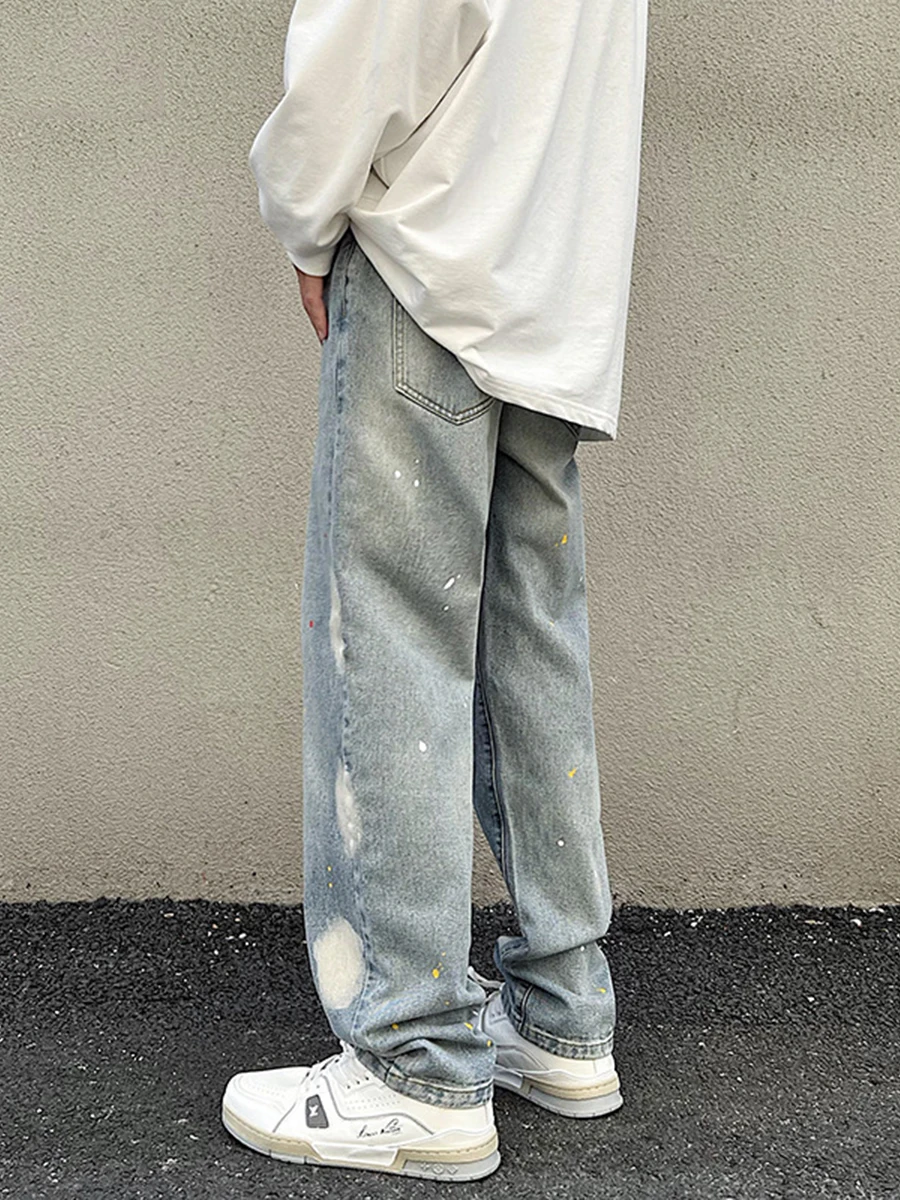 Four Seasons Men's Men's New American Retro Washed Jeans Straight Brush Painted Wide Leg Pants Fashion Streetwear Ins Hot Sale