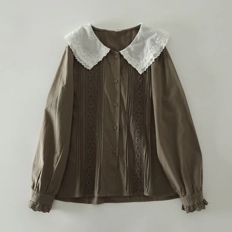 

Mori Girl Sweet Cotton Lace Peter Pan Collar Loose Long Sleeve Blouse Chic and Elegant Vintage Edwardian Victorian Tops Shirt