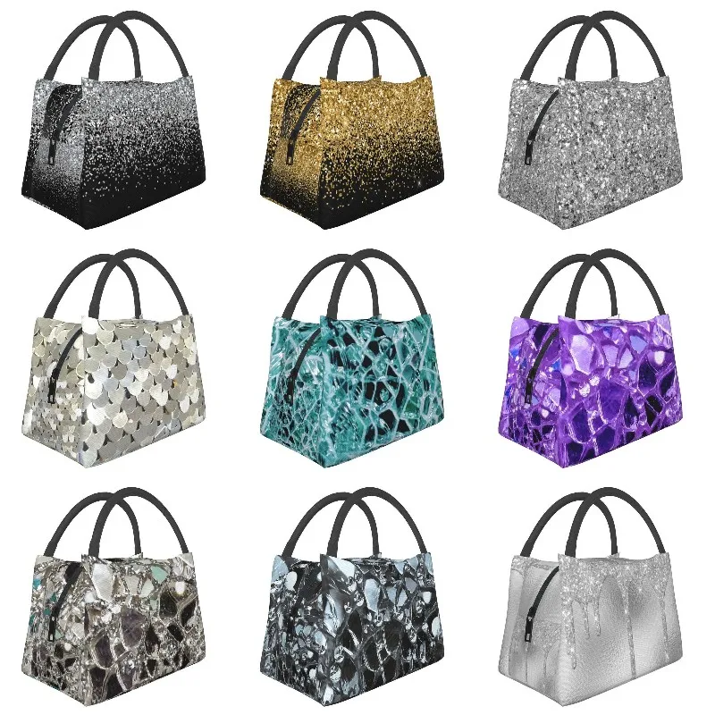 Silver Glitter Luxury Sparkling Insulated Lunch Tote Bag for Women Portable Thermal Cooler Food Lunch Box Work Travel