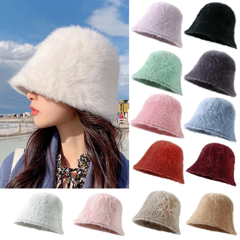 

Plush Faux Fur Bucket Hats for Women Winter Warm Caps for Girls Vintage Kpop Daily Bonnets Ear Protection Free Shipping