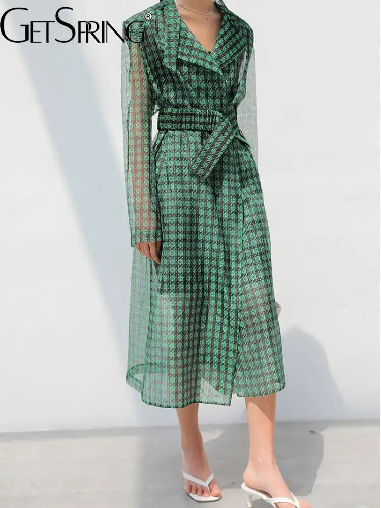 

GetSpring женский тренчкот с длинным рукавом с поясом Солнцезащитная ветровка модная универсальная свободная Длинная тонкая верхняя одежда дл...