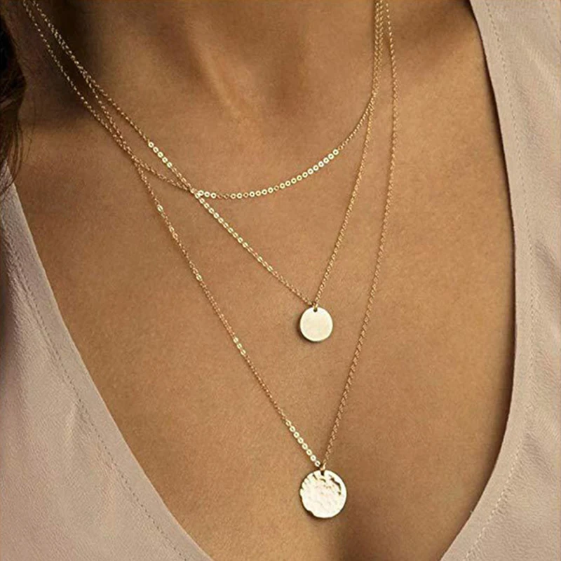 

New Simple Multilayer Lrregular Geometric Round Necklace Pendant Coin Clavicle Chain Jewelry Necklace Ladies Gift