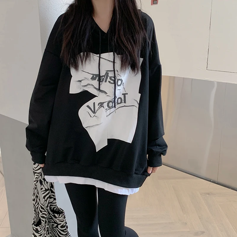 

Autumn fashion print Hoodie women's Korean loose fake two-piece shirt Pullover college style long sleeve Hoodie women