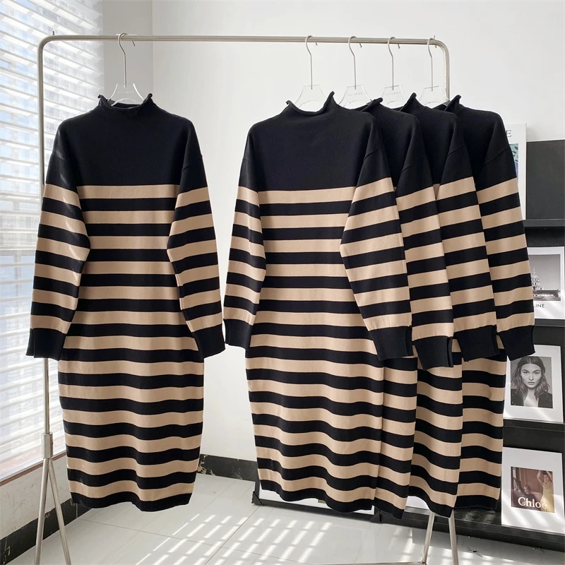 

Lauri Laki Half High Collar Knitted Sweater Dress Women 2022 Autumn Winter Stripe Loose Casual Long Sleeve Dress Ladies