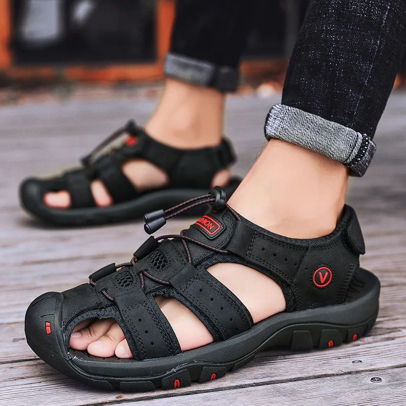 Men's Sandals Summer Closed Toe Outside Shoes Buckle Strap Male Beach Shoes PU Flat Thick Sole Shoes Anti-Slippery Encapsulated