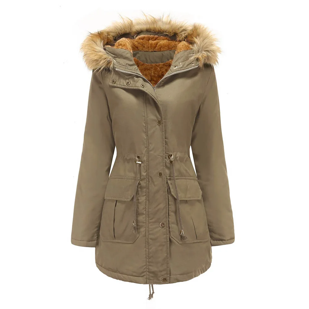 

Solid Color Plush Hooded Medium And Long Women's Topcoat Casual Style Warm Drawstring Waist Closing Thin Overcoat New Winter