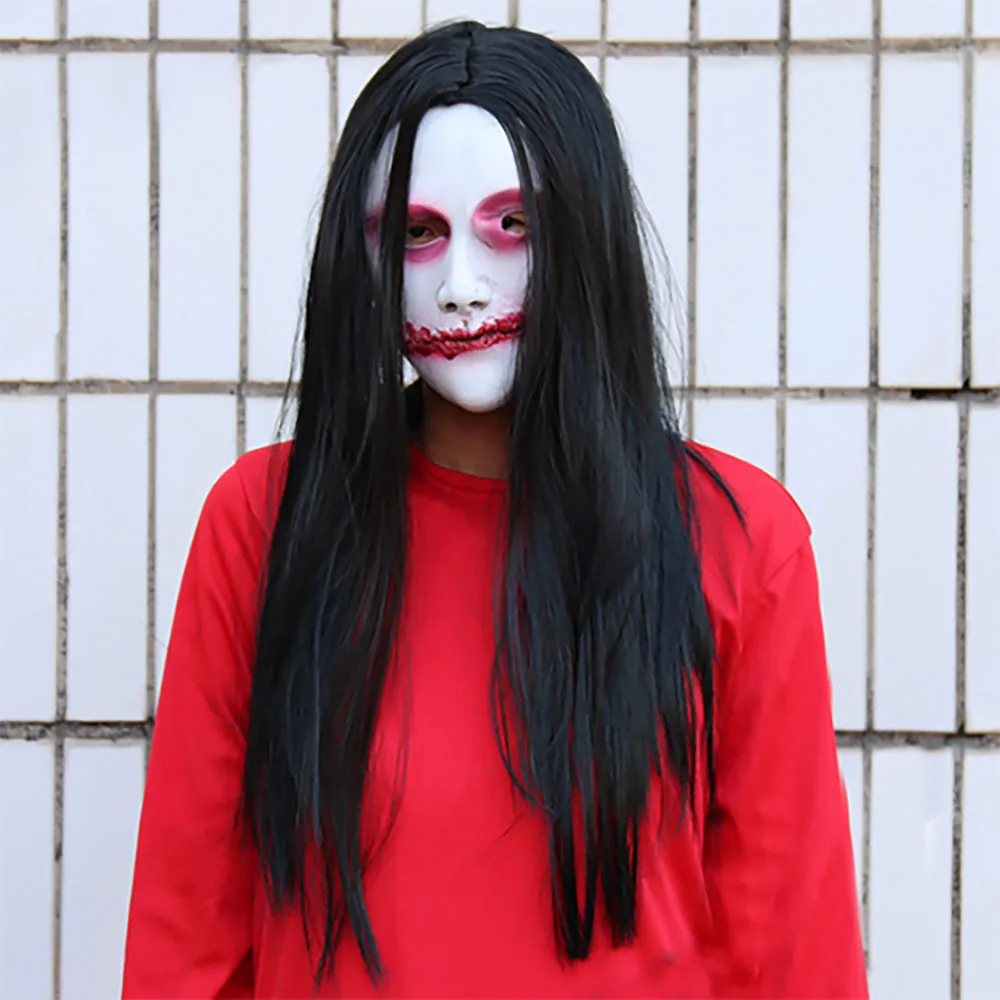 

Room Escape NPC Very Horrible Halloween Masks Haunted House Red Woman Ghost Wig Headgear Tricky Scary Latex Mask