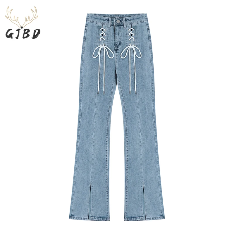 

Women Blue Slit Flare Jeans Lacing Straight Pants High Waist Self Cultivation Vintage Casual Fashion Denim Trouser Ladies Summer