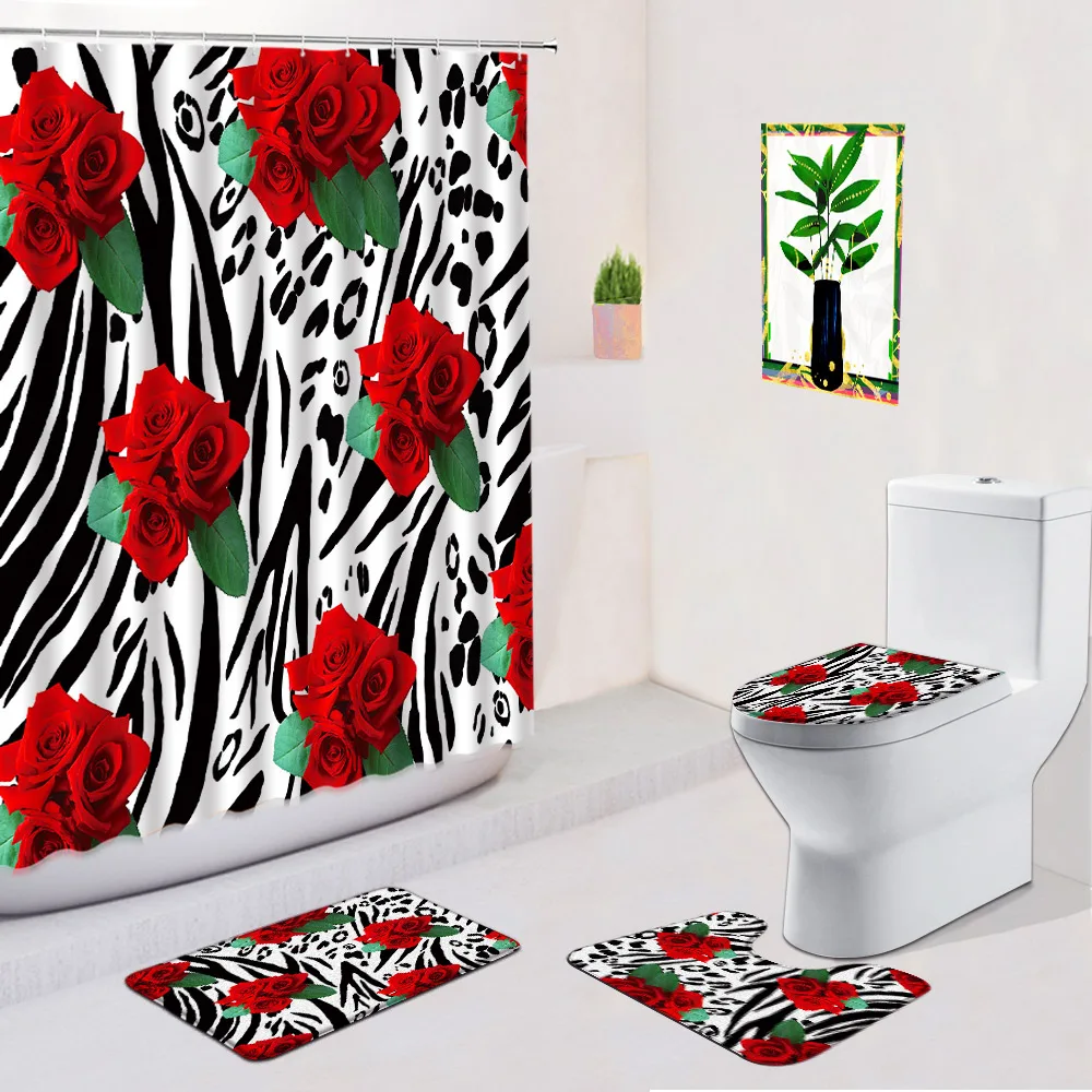 Boho 4pcs set Shower Curtains Bath Mat Mandala Pattern Creative Geometric Rose Flower Leopard Zebra Fabric Anti Slip Rugs Carpet - купить по