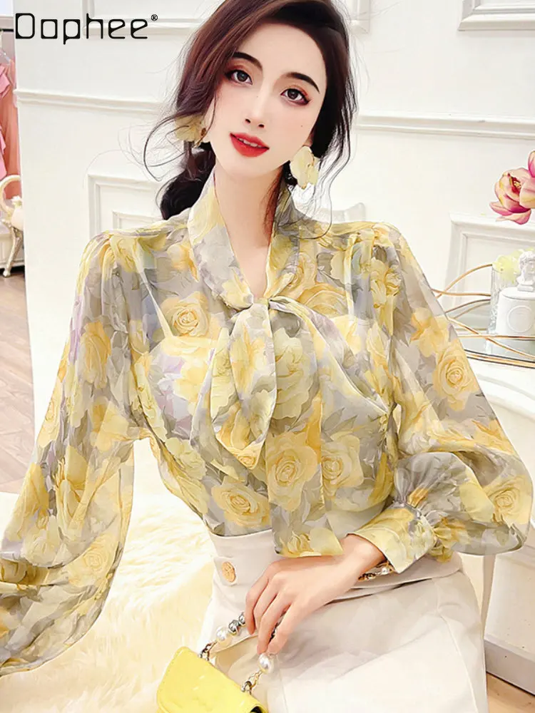 

French Style Bow Printed Blouse Female 2023 Spring New Office Ladies Tops Elegant Long Sleeve V-neck Lace-up Shirts for Women