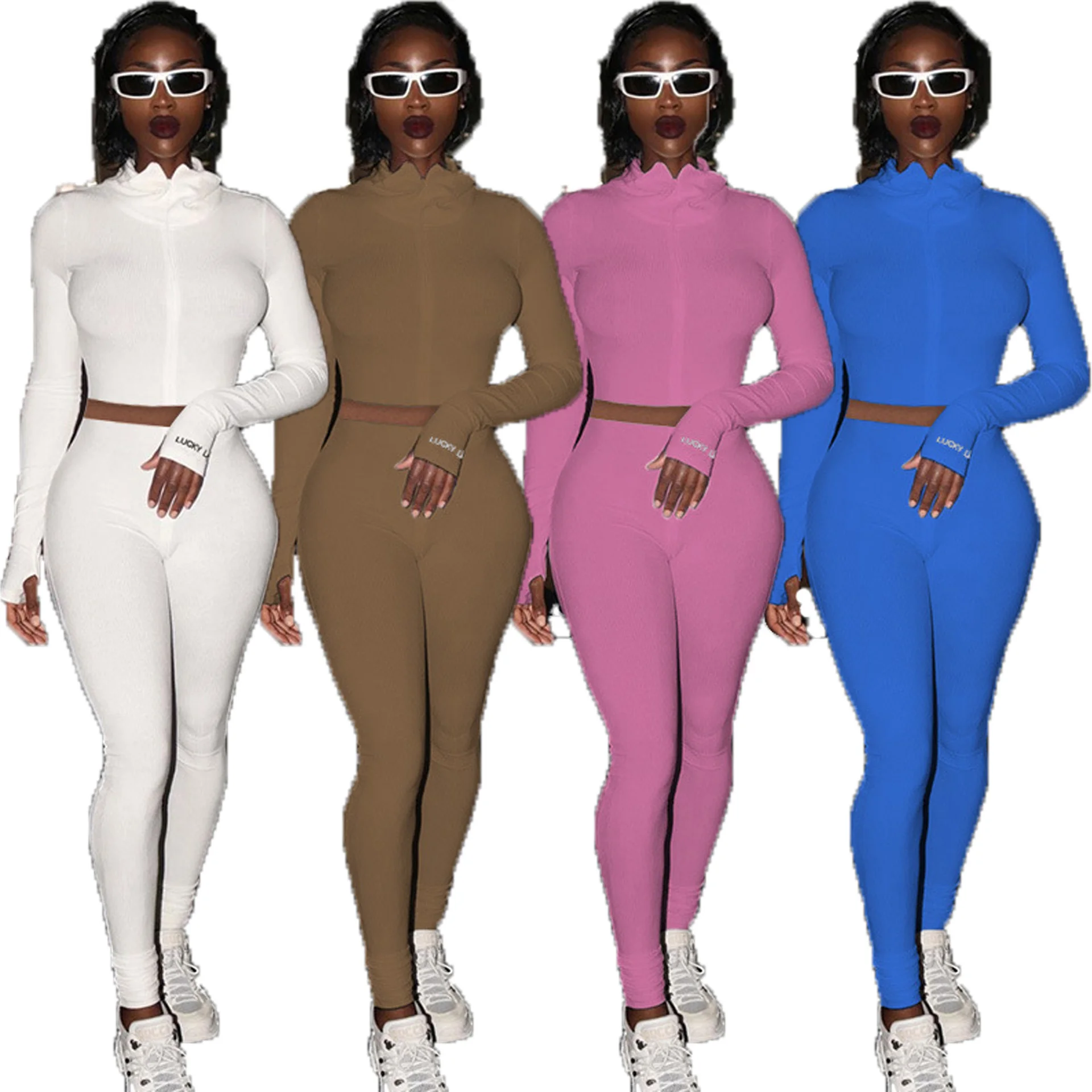 

Zoctuo Outfit Set Women's Elegant Sexy Straps 2-piece Sets Long Sleeve Tight Short Top & High Waist Legging Trousers Pants Suit