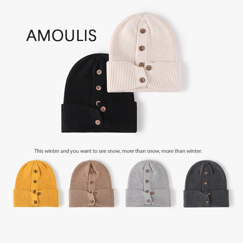 

AMOULIS Winter Keep Warm Skullies Beanies for Women Fashion Button Wool Knitted Hats Casual Female Outdoor Ski Melon Caps Unisex