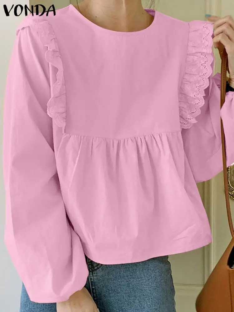 

VONDA 2022 Female Pleated Tops Casual Ruffled Blouse Elegant Women Fashion Crew Neck Chemise Long Sleeve Shirts Blusas Oversize