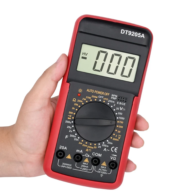 

DT9205A DMM Professional Multimeter Digital hFE AC DC Voltage Current 1000V 20A Capacitance Resistance Continuity Diode Tester