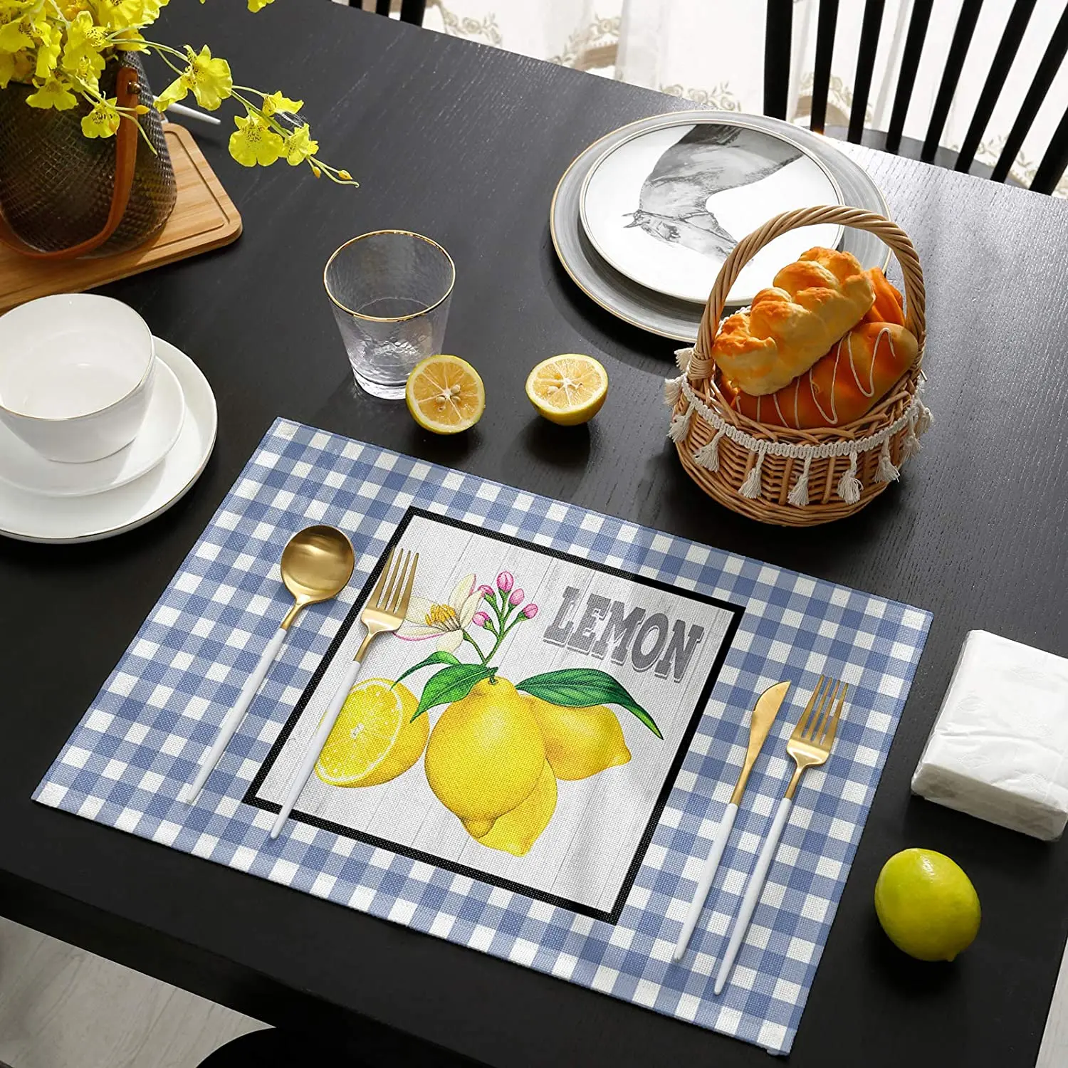 

Placemats Dining Table Place Mats Set Summer Fresh Lemon Blue Lattice Wood Grain Pattern Foldable Placemats, Kitchen Table Mats