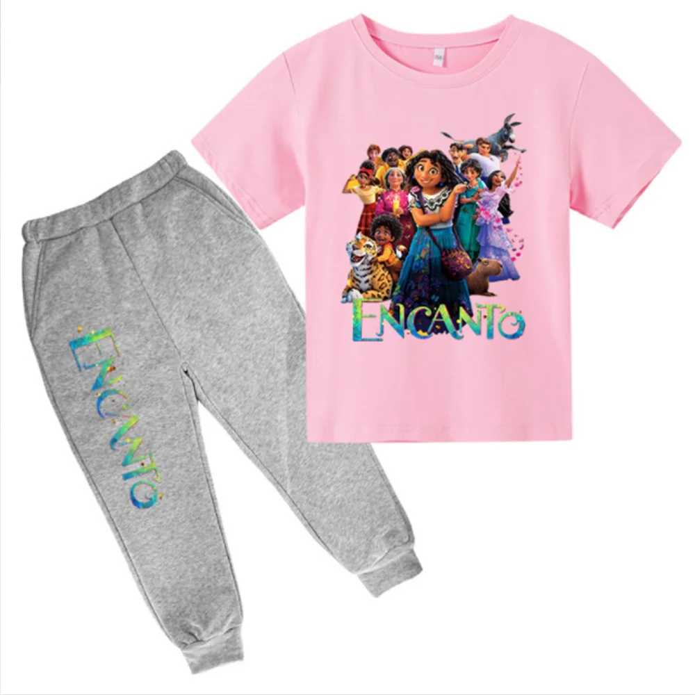 

2022 Popular Disney New Encanto Cartoon Print Men's and Women's Cotton Blended Children's Clothing Short-Sleeved + Trousers Suit