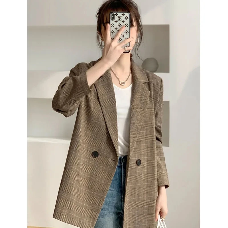 

Plaid Coat Women's Suit 2022 New Spring Autumn Women Coat Korean Retro Casual Suit Long-sleeved Slim Plaid Top Loose Trench Coat