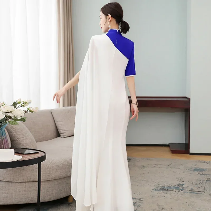 Шифоновое банкетное вечернее платье с вышивкой длинное тонкое китайское