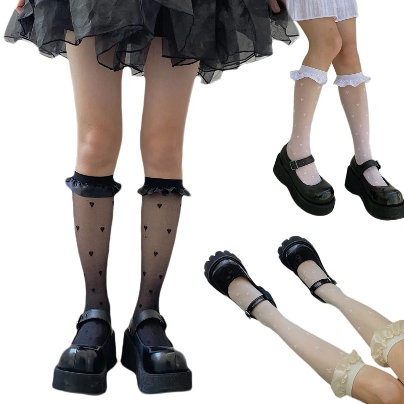 

2023 New Japanese Style Women Silky Sheer Knee High Socks Sweet Satin Ruffled Trim Love Heart Pattern Stockings