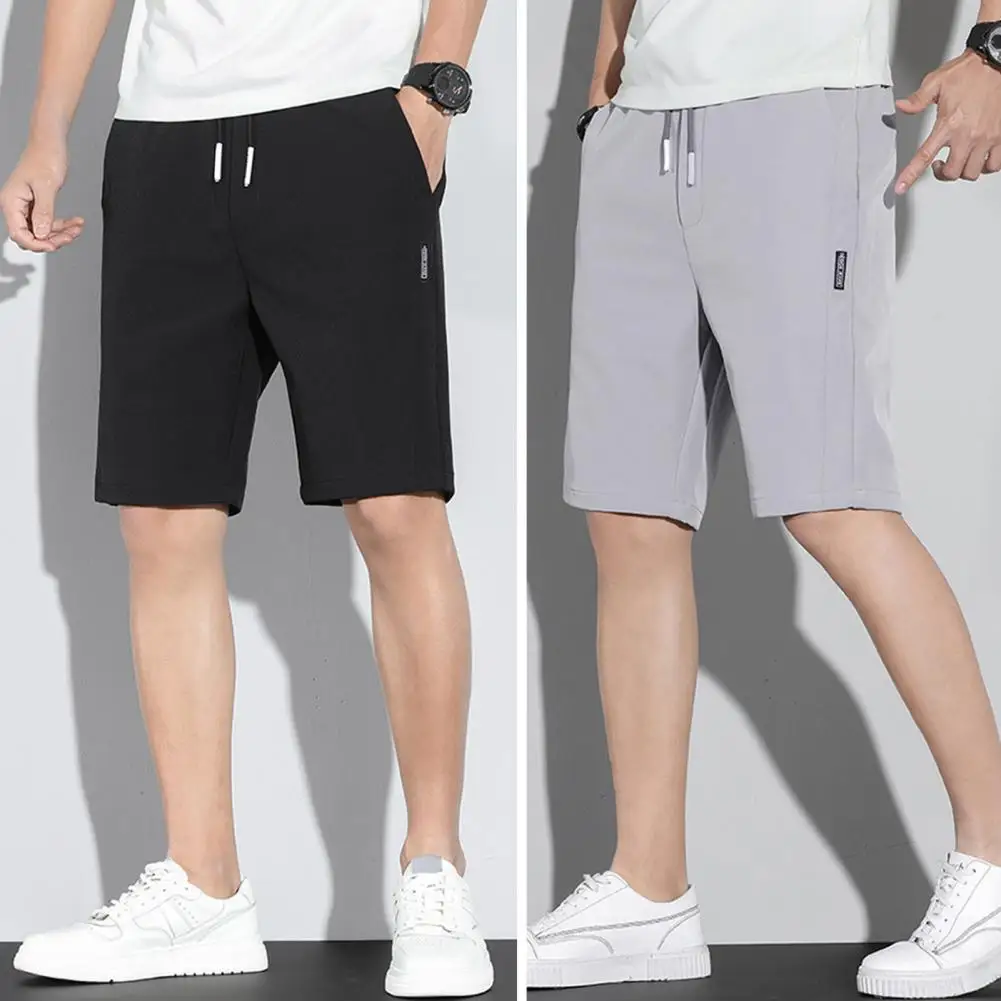 

Men Summer Shorts Elastic Waist Drawstring Straight Solid Color Ice Silk Male Sports Jogging Loose Pocket Knee Length Beach Pant