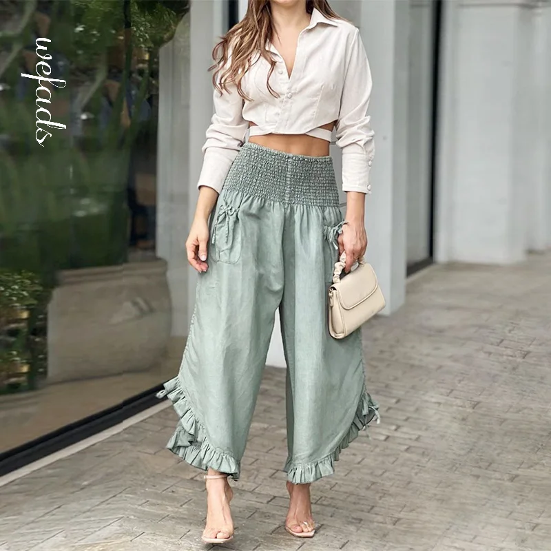 

Wefads Woen Two Piece Set V Neck Sexy Solid Lapel Cutout Long Sleeve Shirt With Button Top Loose Wide Legs Casual Pants Sets