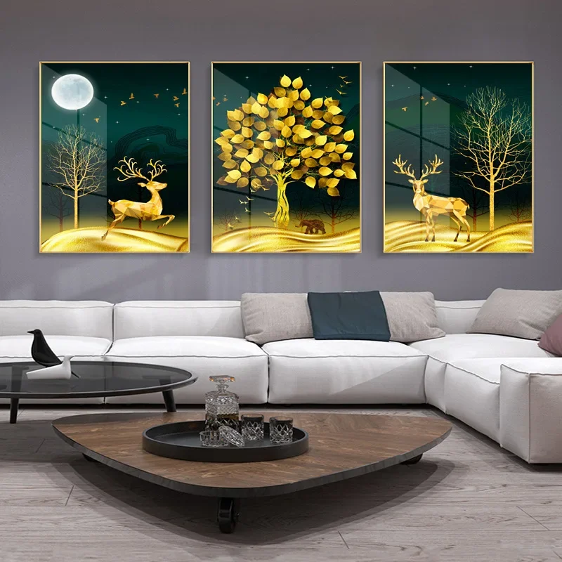 Canvas Prints Green Gold Leaf Luxury Poster With Frame Rich Tree Deer Silk Landscape Wall Art Painting Picture Modern Abs