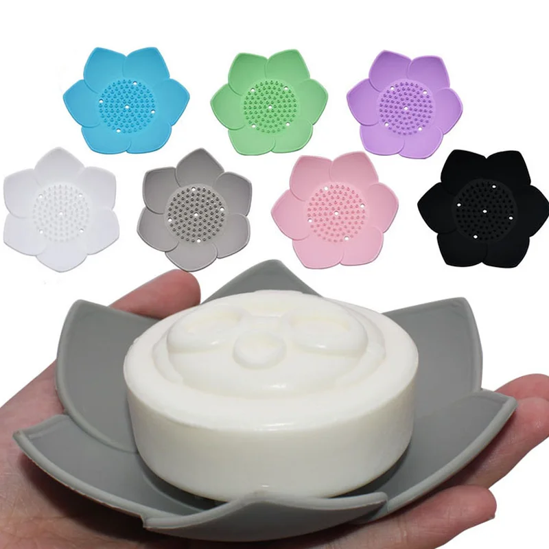 

Soap Box Lotus Shape Non-slip Portable Silicone for Water Draining Solid Color Draining Soap Dish Bathroom Kitchen Accessories