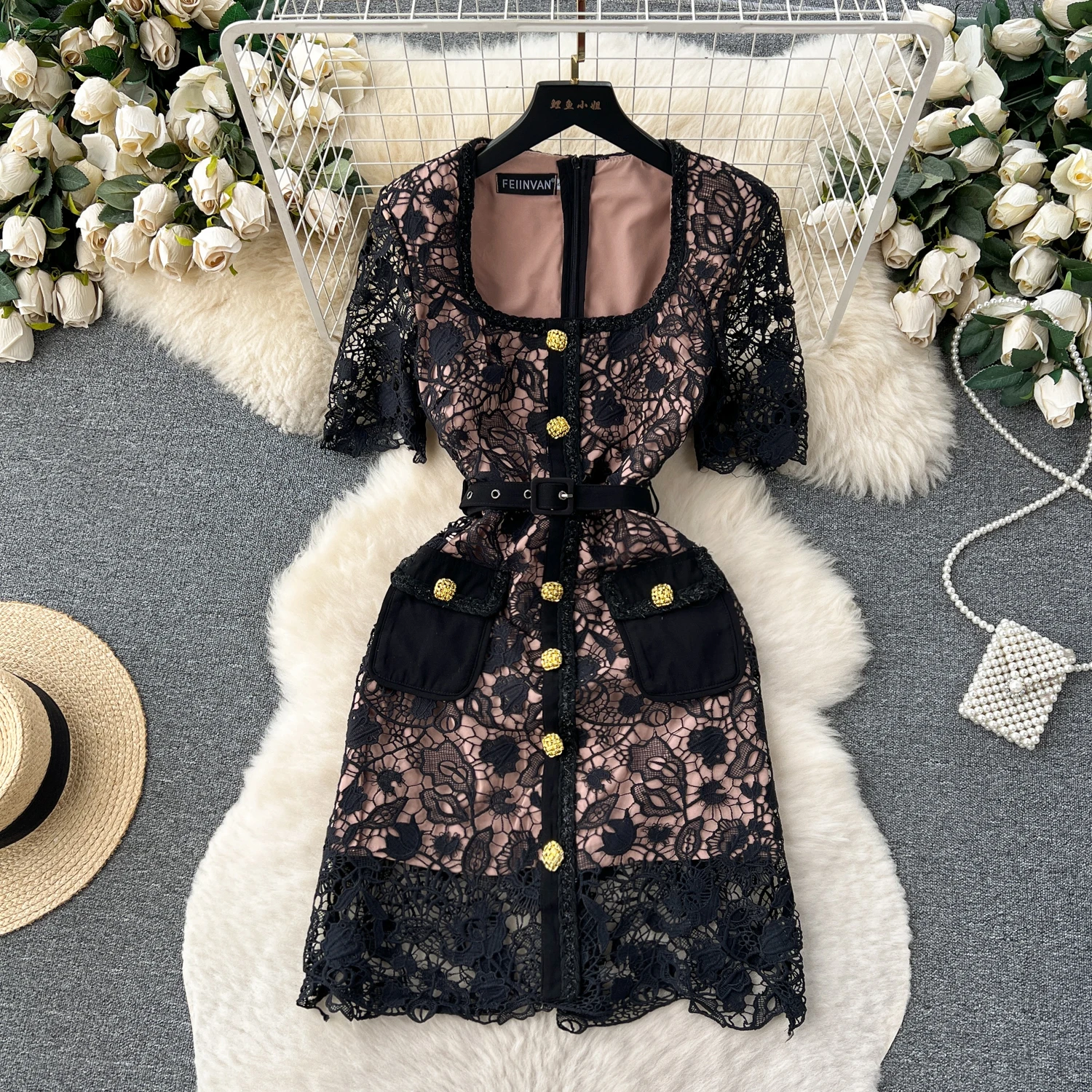 

New Arrival S-XL Size Lace Hollow out Short Dress for Women Elegant Square collar Short Sleeve Single-breasted Slim Bodycon Dres