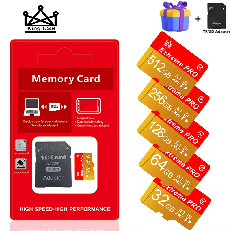 Фото Карты памяти Micro SD, TF, SD 32 ГБ, 64 ГБ, 128 ГБ, 512 ГБ, высокоскоростные U1 V10, водонепроницаемые, для систем видеонаблюдения и дронов №1
