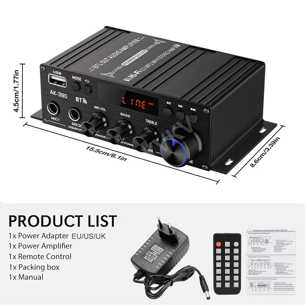 AK390 Усилитель Bluetooth 5.0 Hi-Fi Усилители мощности 400 Втx2 Стерео цифровой усилитель Басс