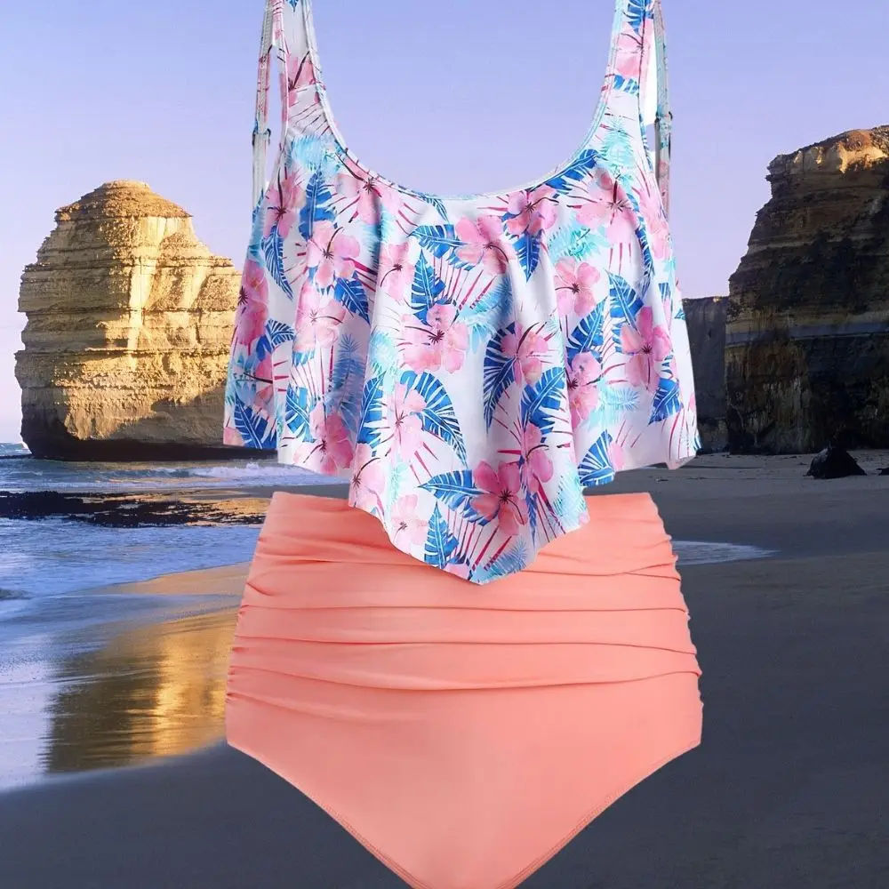 Pool Pink Floral Oversize Tankini High Waist Tummy Control Swimwear 2 Pieces Sweet Beach Bathing Suit Set