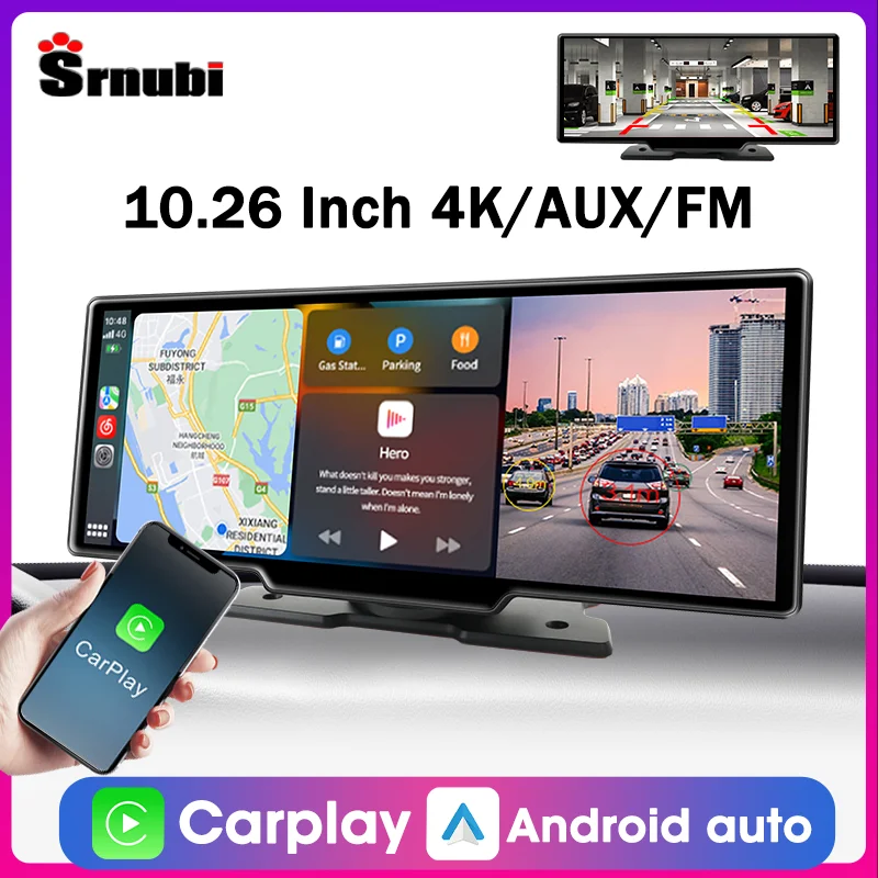 10.26" Dash Cam Carplay Android Auto 4K DVR Rearview Camera Wifi GPS Navigation Video Recorder Dashboard Dual Len 24H Park AUX