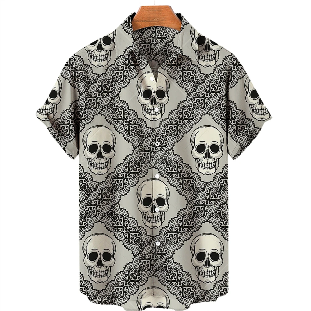 

2022 Men's Short Sleeve Hawaiian Shirt Horror Skull Print Casual Lapel Shirt Size 5xl