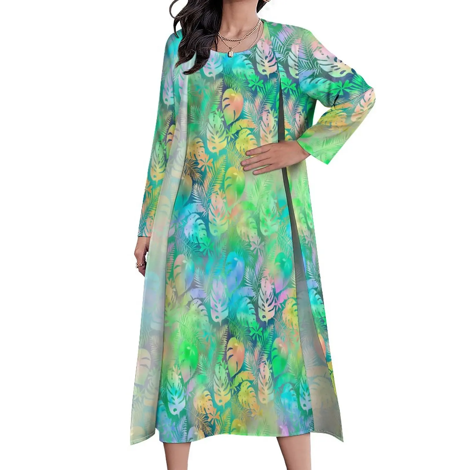 

Платье-макси в стиле бохо женское, длинное пляжное платье с цветными пальмовыми листьями, уличная одежда с графическим принтом, из двух предметов, большие размеры