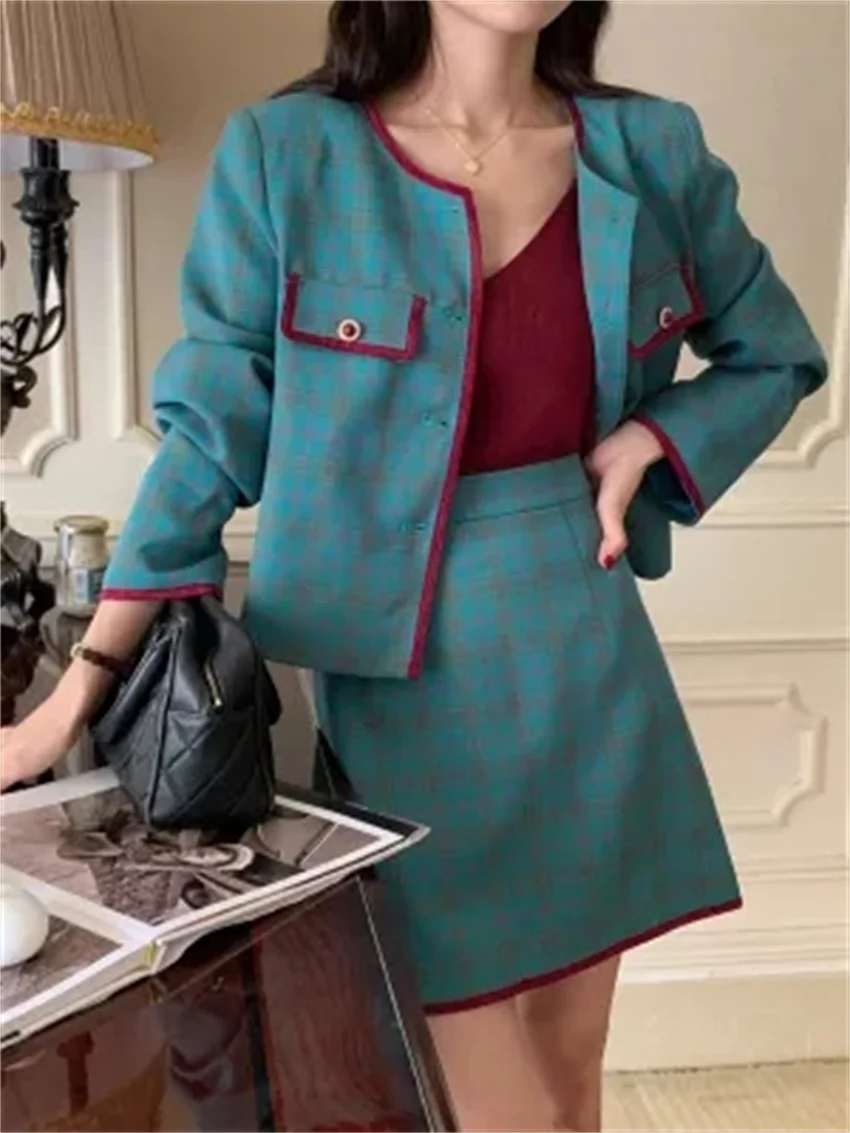 

HziriP Retro Classic Women Elegant Suits Hot Office Lady Plaid Blazers High Waist Mini Skirts Autumn Slim OL Two Pieces Sets