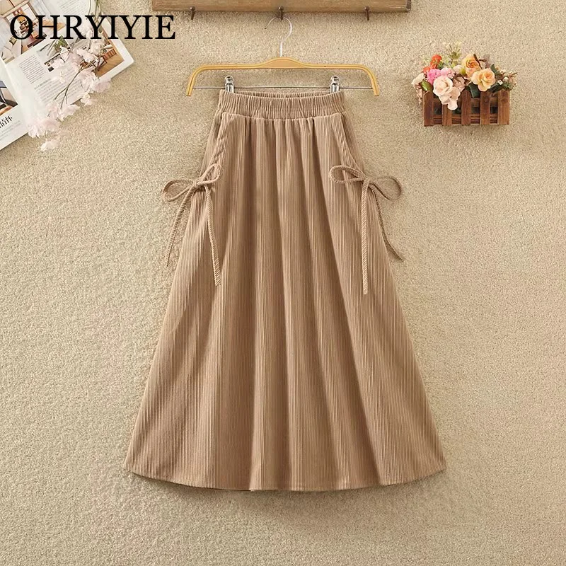 

OHRYIYIE Винтажная вельветовая юбка трапециевидной формы женская 2023 осень-зима Модная миди длинная юбка на шнуровке с высокой талией женская юбка с бантом леди
