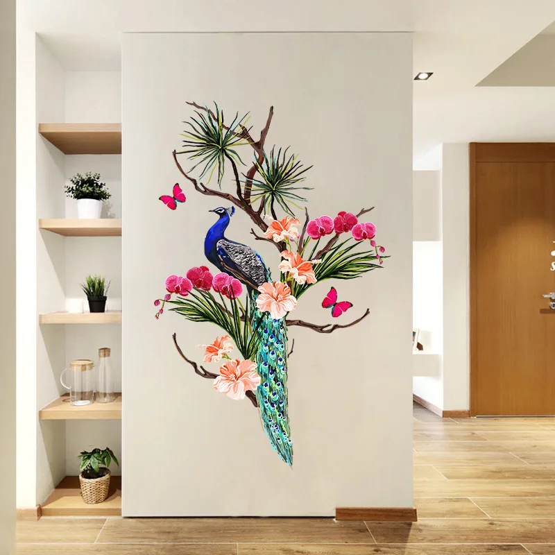 

Raymeel Tree Branch Peacock Flower Wall Stickers Bedroom Living Room Decor Background Home Decoration Self-adhesive Painting PVC