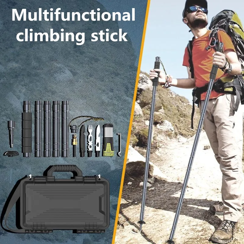 Portable Multifunctional Trekking Pole Aluminum Alloy Ooutdoor Climbing Ccamping Trekking Pole Set With Light