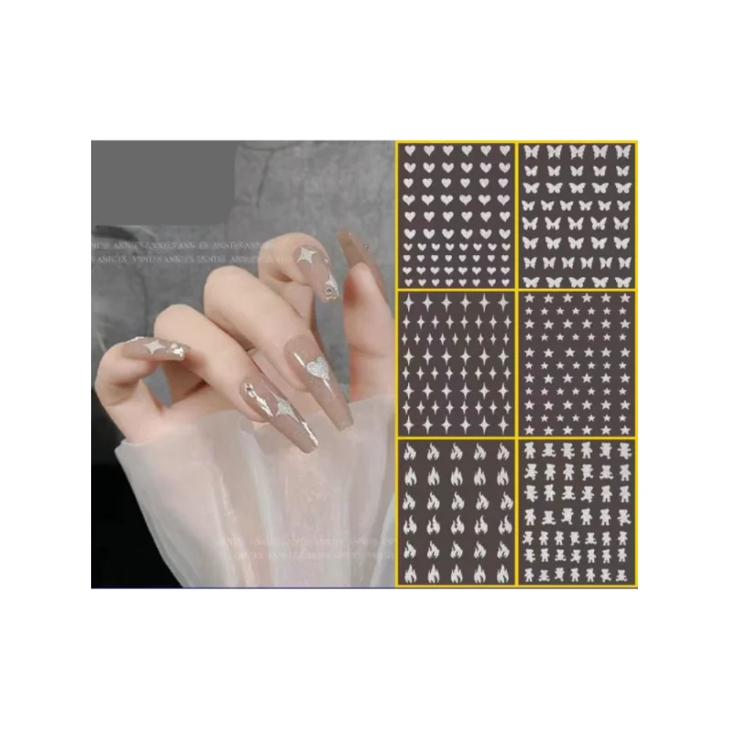 

Наклейки для дизайна ногтей клейкая подложка простой дизайн своими руками блестящие серебряные милые бабочки звезды декоративные наклейк...
