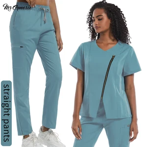 Zip Straight Scrubs Pants With Tops Medical Uniform Scrub Set Nurse Doctor Stretchy Workwear Jogging Shirts With Pocket Trousers